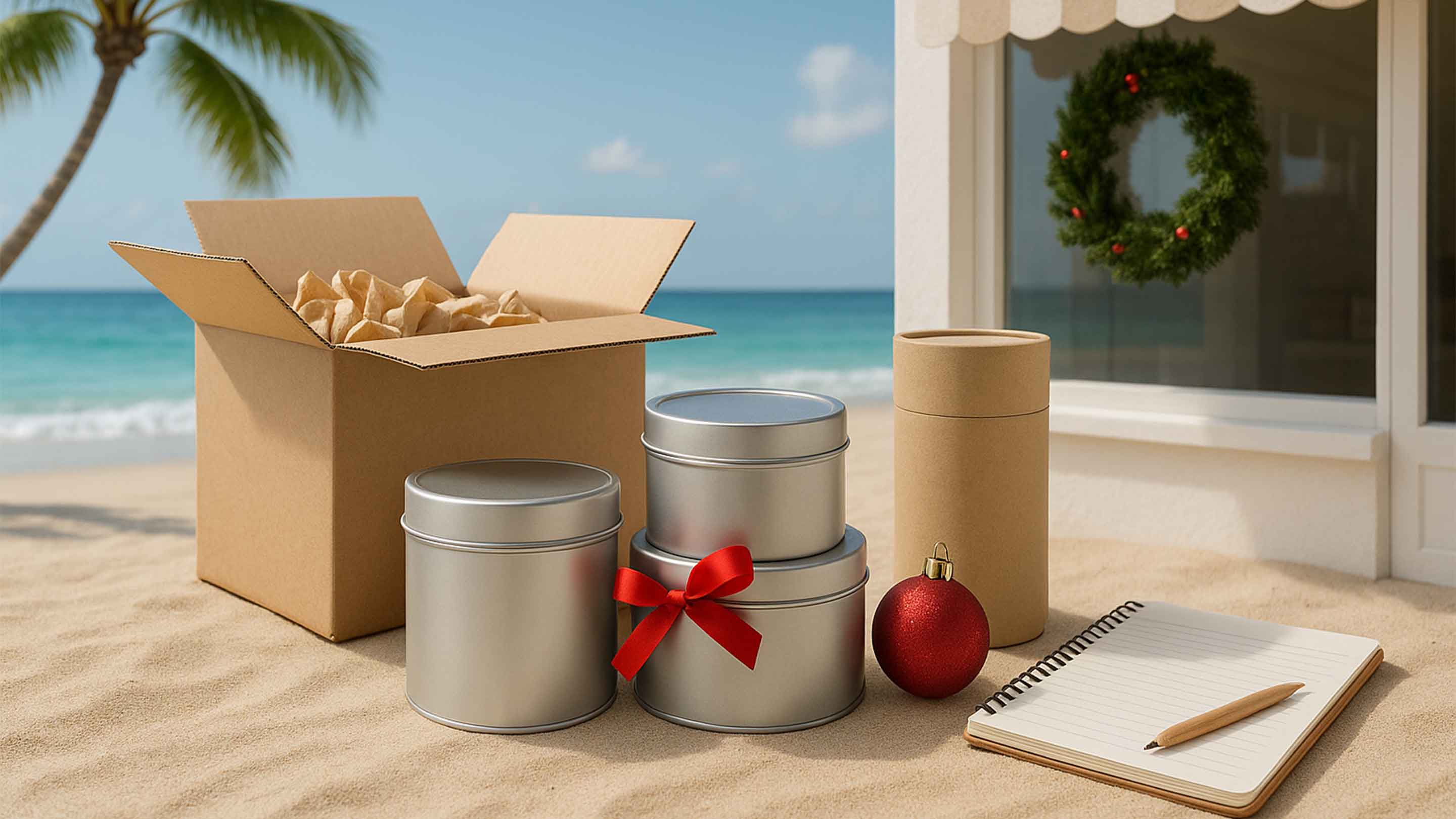 Collection of packaging with beach background and festive decor