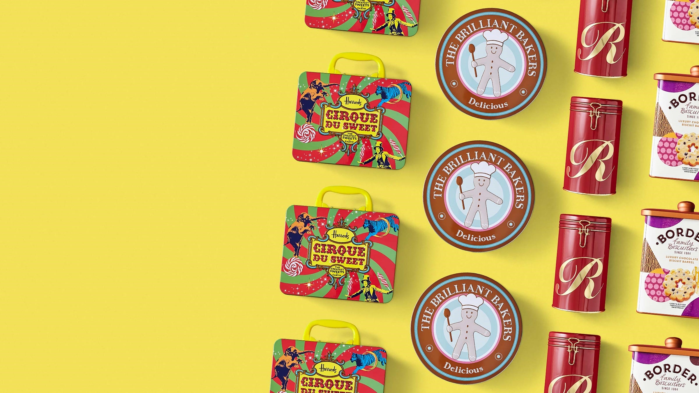 Bespoke tin packaging with a yellow background including biscuit tins, confectionery tins, and clip lid tins.