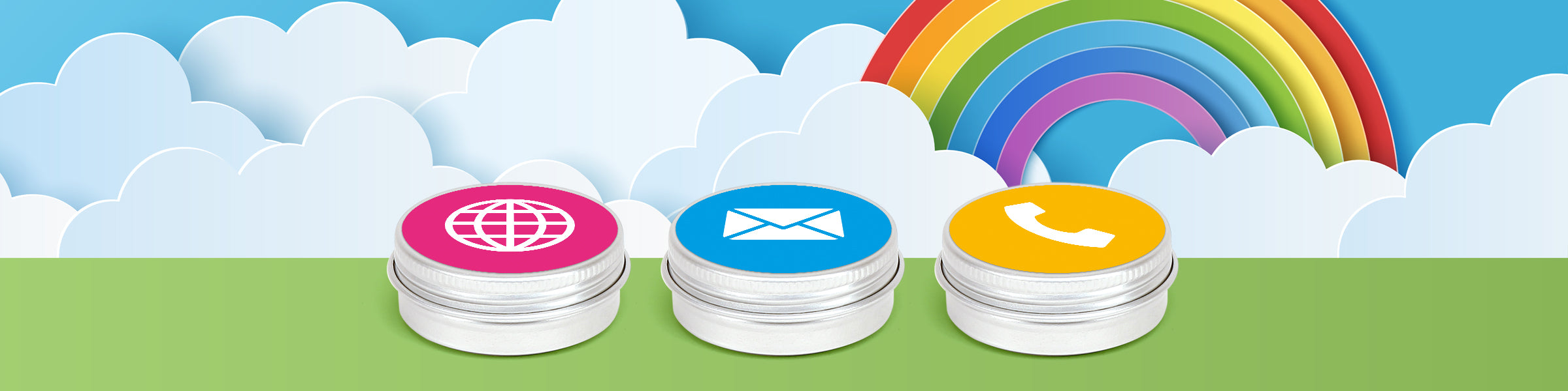 Cartoon tins with rainbow in the background showcasing symbols for connectivity.