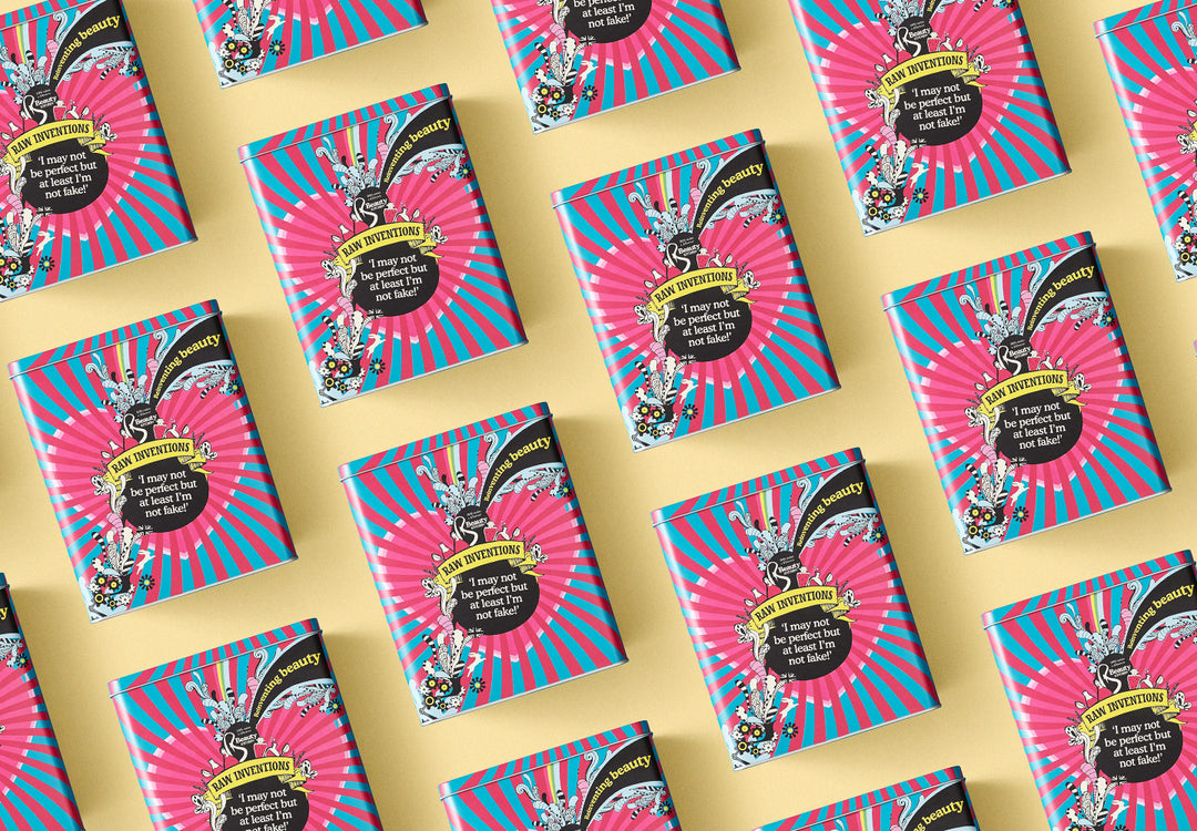 Custom metal tin packaging on a yellow background.