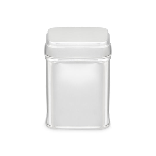 The medium sized silver rectangular tin with slip lid that is suitable for stacking with other sizes. The product code is T4092.