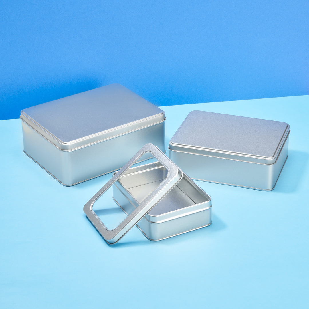 Silver Large Rectangular Step Lid Tin with Either Solid or Clear Lid T2340 - Tinware Direct